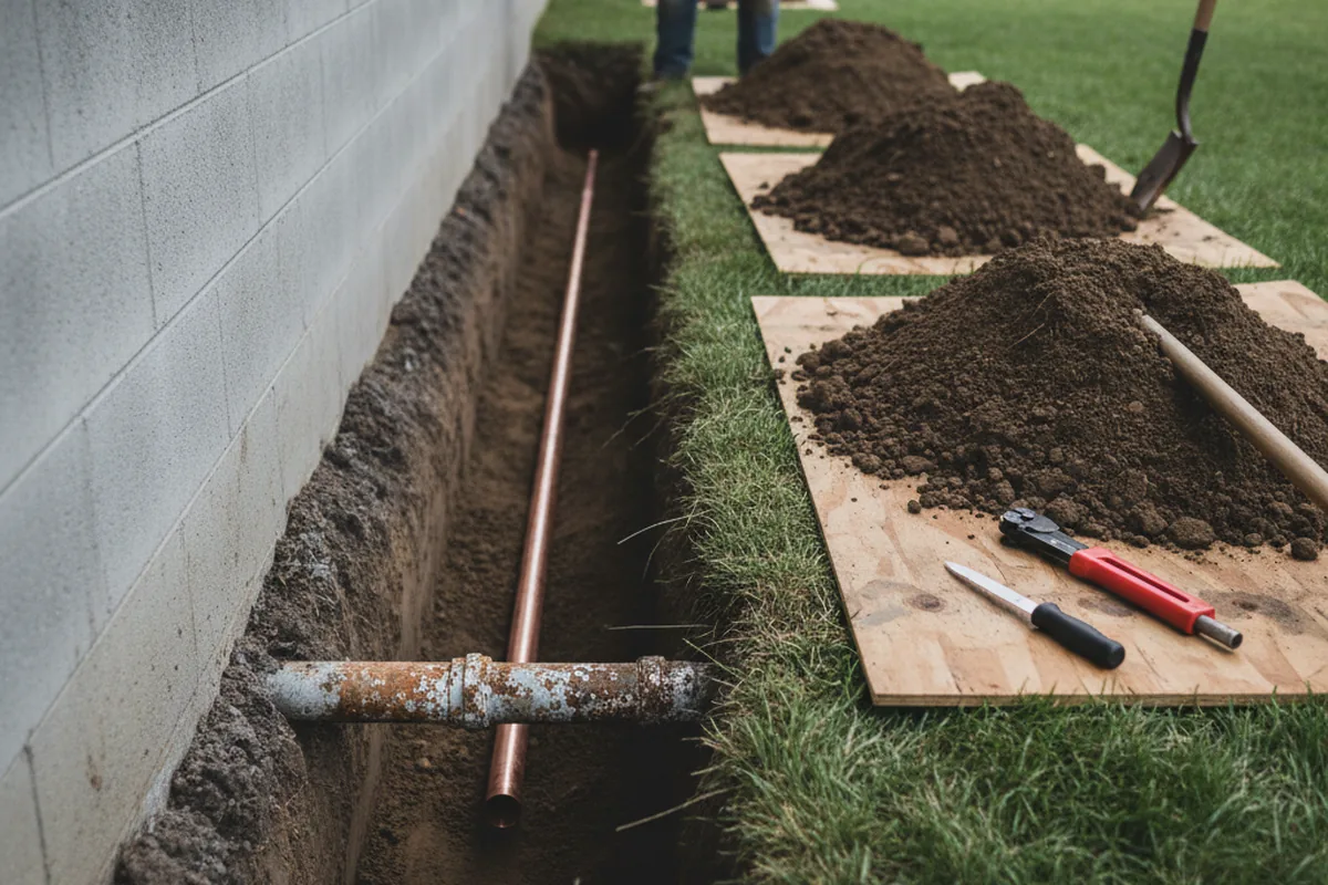 Excavated water line trench during Water Heater Repair in Michigantown